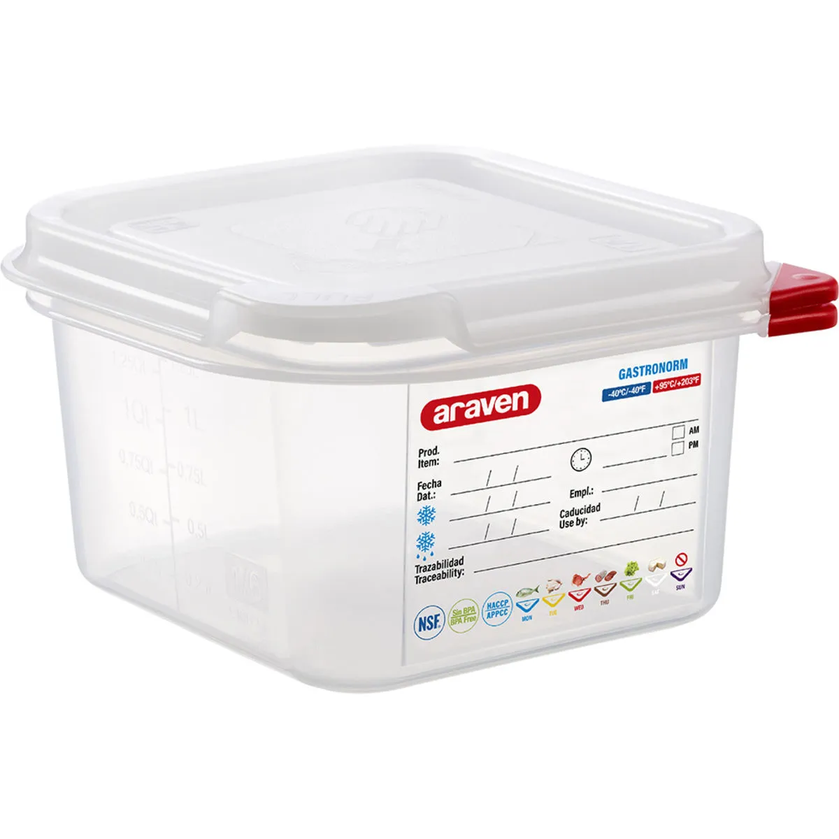 Araven ARAVEN Contenitore gastronorm con coperchio, polipropilene, gastronorm 1/6 (100 mm); GN 1/6, 1.7 l, 17.6x16.2x10 cm (LxLxP); trasparente
