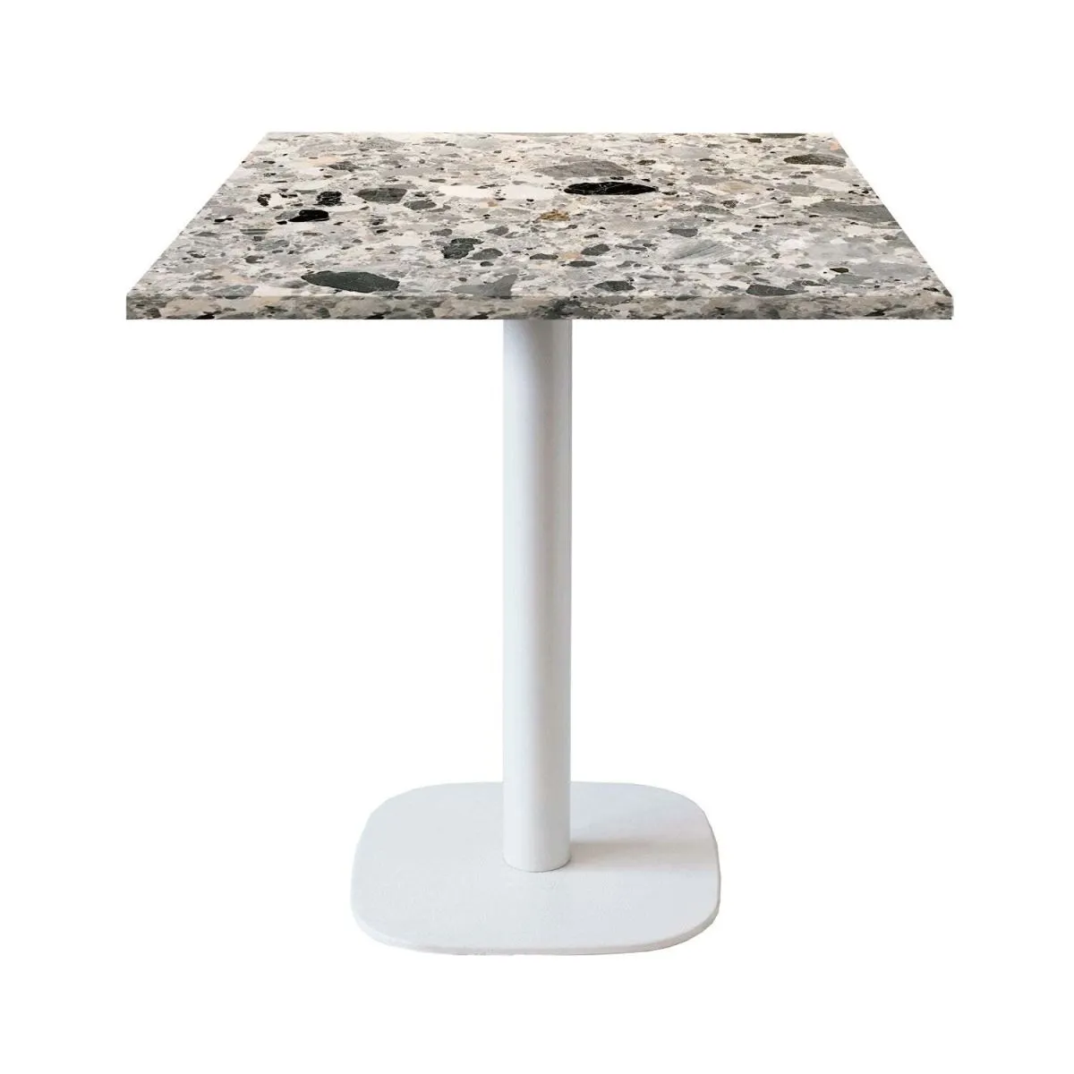 RestooTab Tavolo Round quadrato base bianco - laminato pietra; 70x70x75 cm (LxLxH); Piano tavolo grigio/terazzo, struttura bianco; quadrata