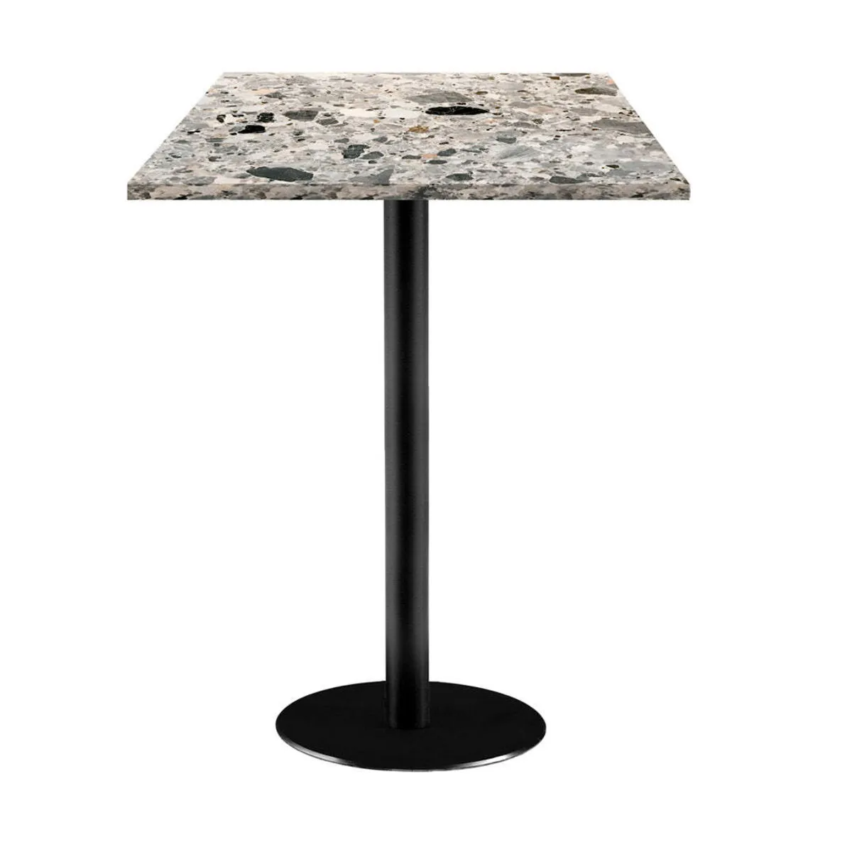 RestooTab Tavolo alto Rome quadrato - laminato pietra; 60x60x113 cm (LxLxH); Piano tavolo grigio/terazzo, struttura nero; quadrata