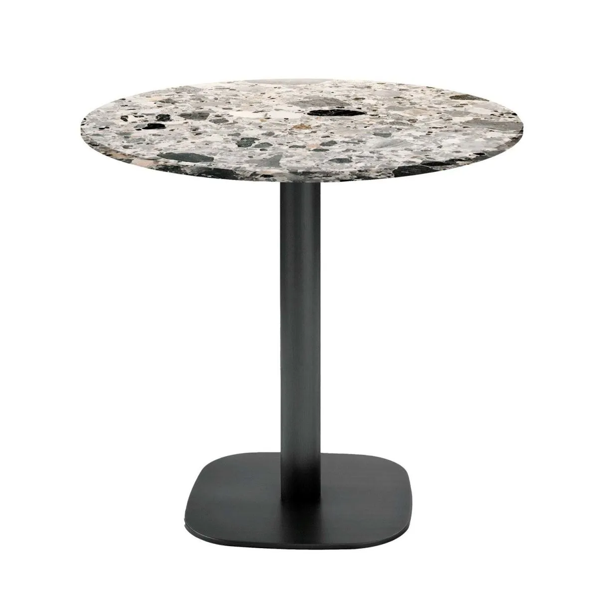 RestooTab Tavolo Round rotondo - laminato pietra & legno; 75x70 cm (HxØ); Piano tavolo grigio/terazzo, struttura nero; rotonda