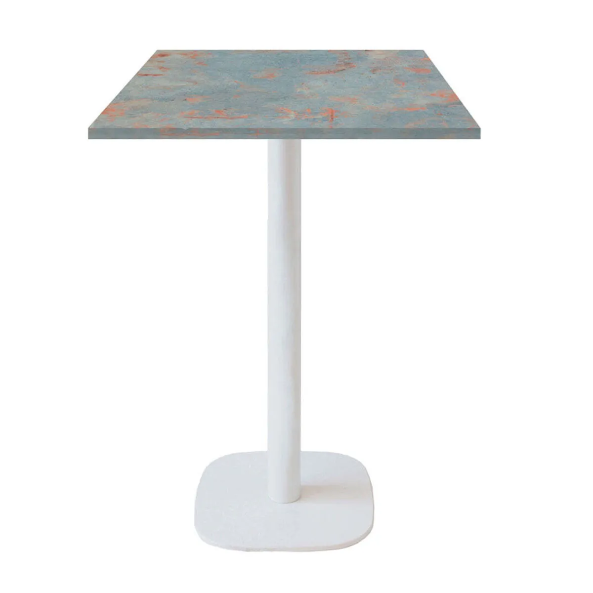 RestooTab Tavolo alto Round quadrato base bianco quadrato - laminato pietra; 60x60x113 cm (LxLxH); Piano tavolo metallo arrugginito, struttura bianco; quadrata
