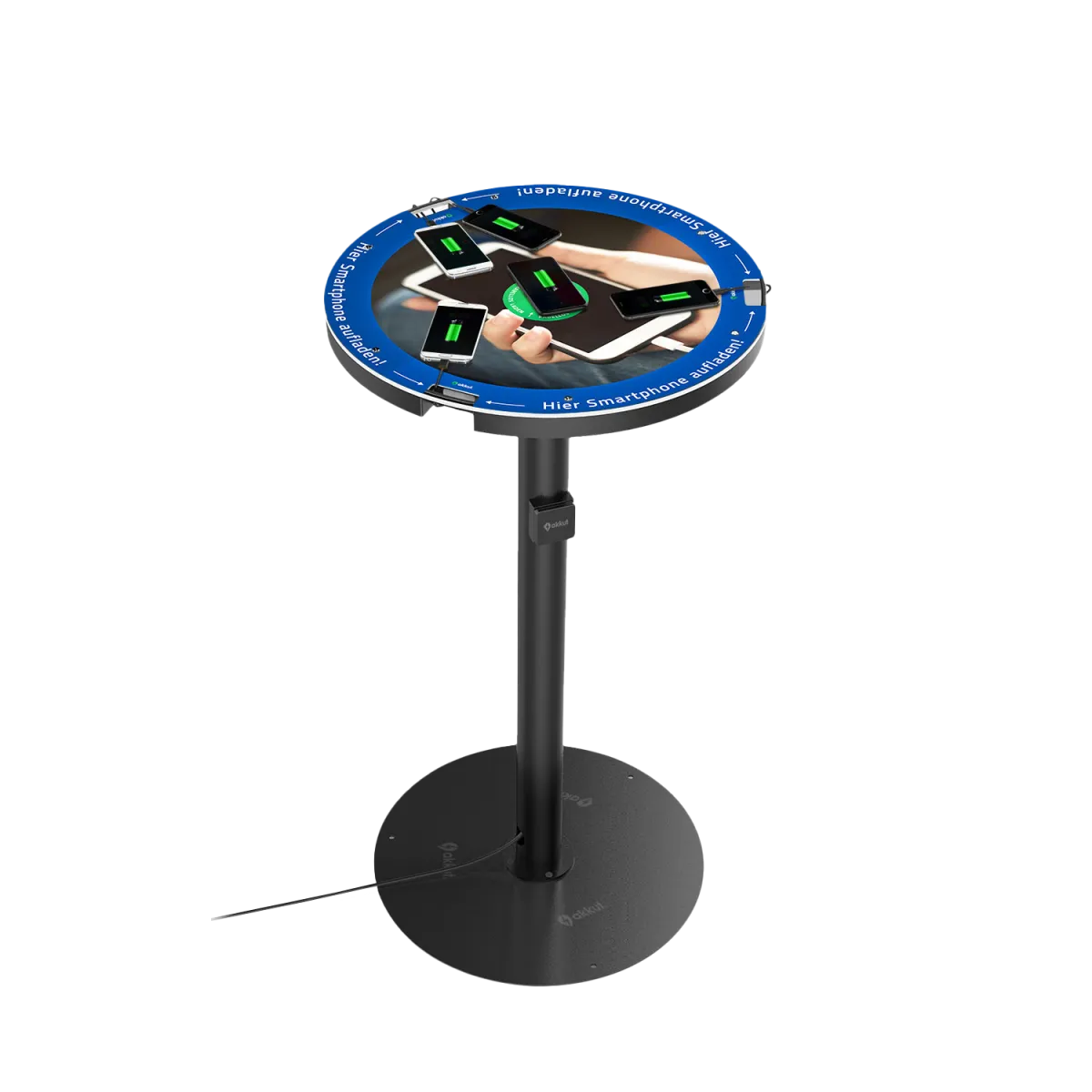 akkut Tavolino alto da bar CHAT LIGHT con cavi di ricarica per smartphone e ricarica wireless; 110x60 cm (HxØ); nero; rotonda