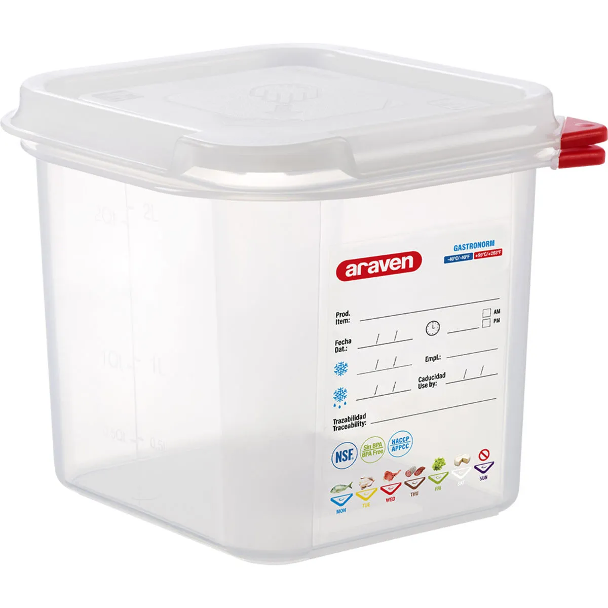 Araven Contenitore gastronorm con coperchio, polipropilene, gastronorm 1/6; GN 1/6, 2.6 l, 17.6x16.2x15 cm (LxLxP); trasparente