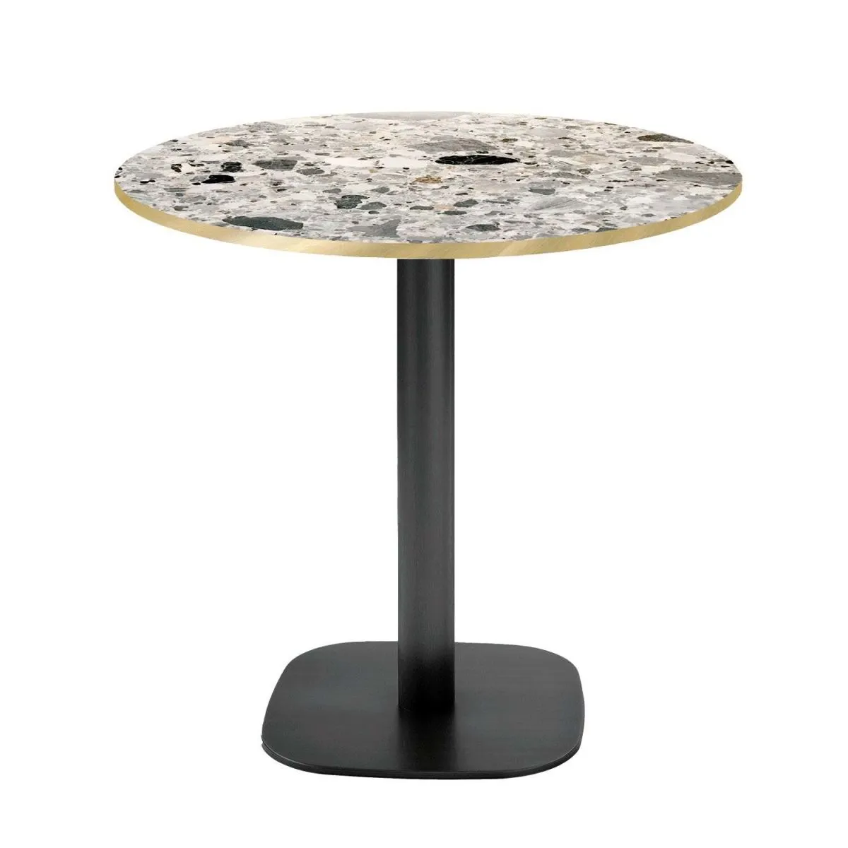 RestooTab Tavolo Round rotondo - bordi color ottone; 75x70 cm (HxØ); Piano tavolo grigio pietra/terazzo/ottone, struttura nero; rotonda