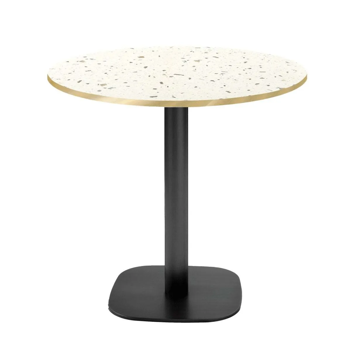 RestooTab Tavolo Round rotondo - bordi color ottone; 75x70 cm (HxØ); Piano tavolo terazzo, struttura nero; rotonda