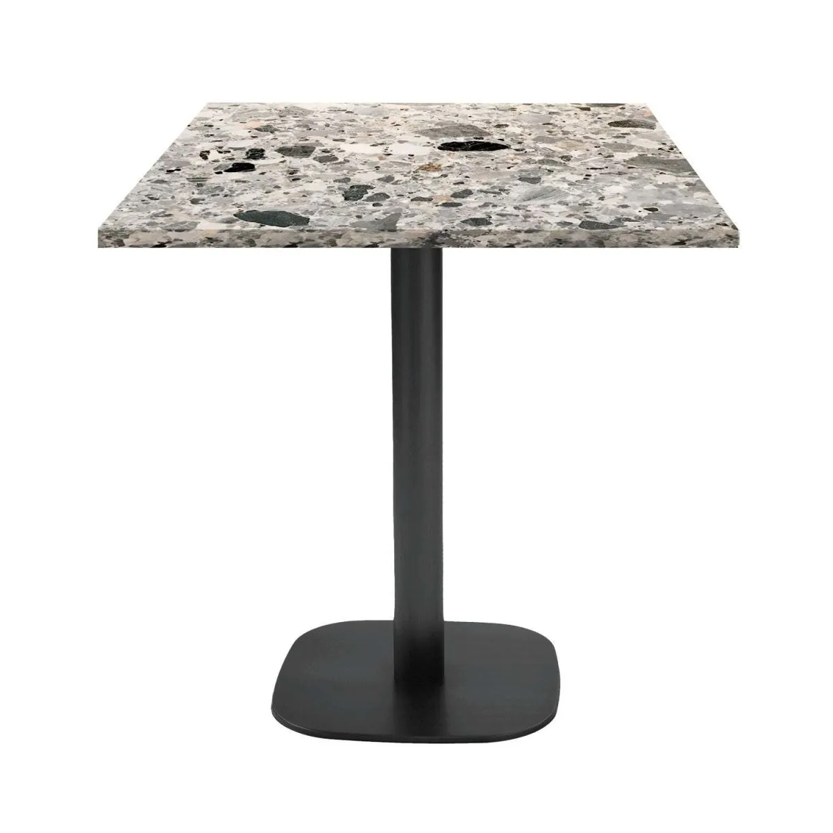 RestooTab Tavolo Round quadrato - laminato pietra & legno; 70x70x75 cm (LxLxH); Piano tavolo grigio/terazzo, struttura nero; quadrata