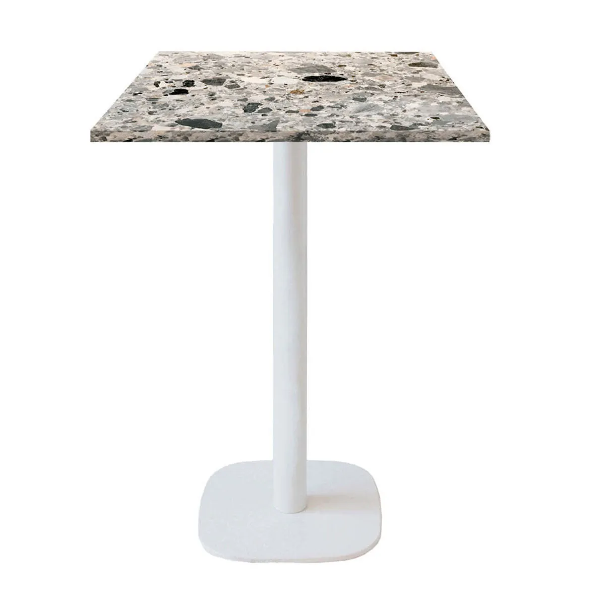 RestooTab Tavolo alto Round quadrato base bianco quadrato - laminato pietra; 60x60x113 cm (LxLxH); Piano tavolo grigio/terazzo, struttura bianco; quadrata