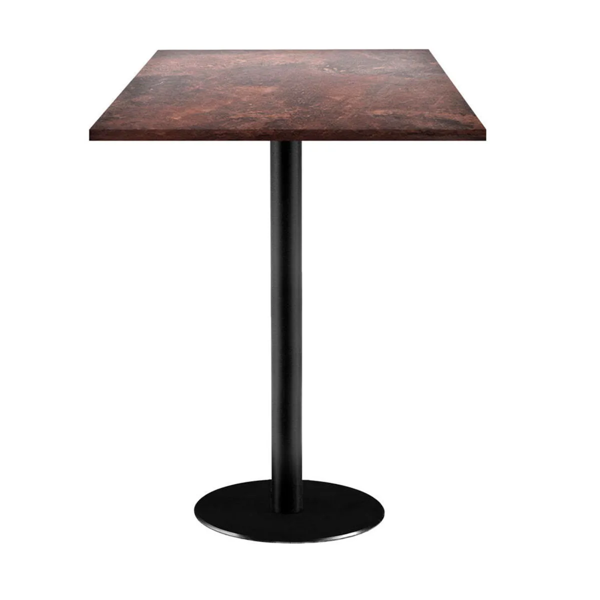 RestooTab Tavolo alto Rome quadrato - laminato pietra; 60x60x113 cm (LxLxH); Piano tavolo metallo arrugginito/marrone, struttura nero; quadrata