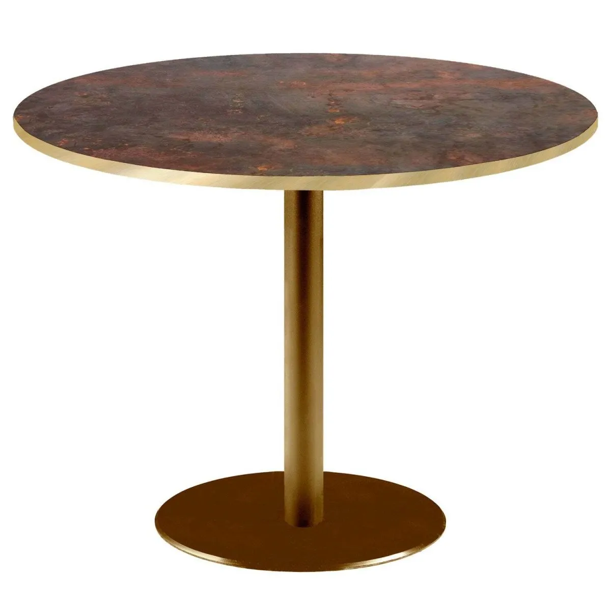 RestooTab Tavolo Rome XL rotondo base dorato - bordi color ottone; 75x120 cm (HxØ); Piano tavolo metallo arrugginito, struttura ottone; rotonda