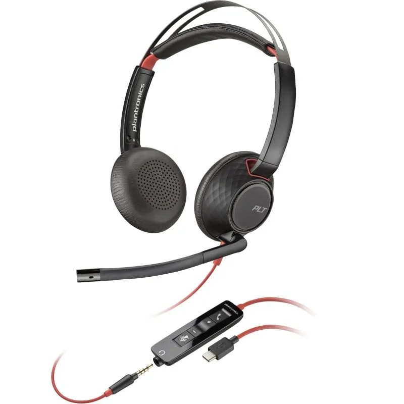 Cuffie stereo USB-C Poly Blackwire 5220 + spinotto da 3,5 mm + adattatore USB-C/A