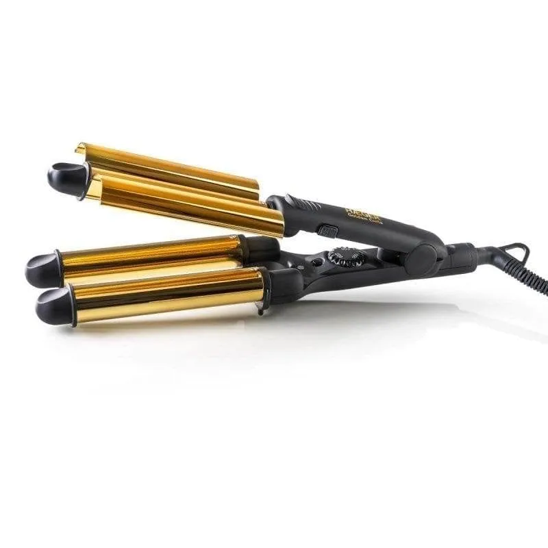 Arricciacapelli Triplo Haeger Golden Curls Ceramica 100-220°C Spegnimento Automatico Nero e oro