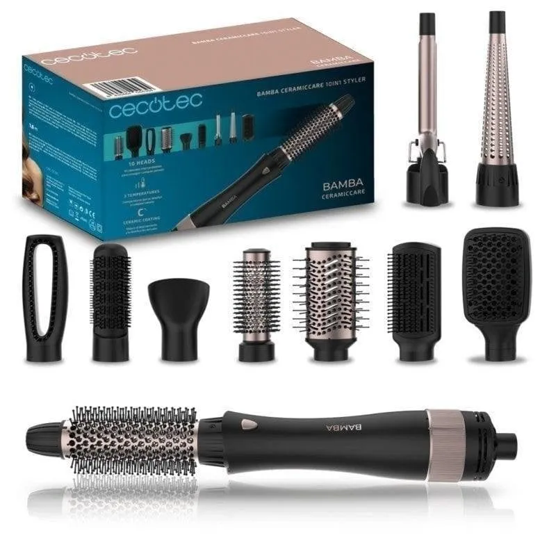 Multistyler Cecotec Bamba CeramicCare 10in1 1000W Ceramica Ionica 3 Temperature 10 Accessori Aria Fredda Nero Rosa