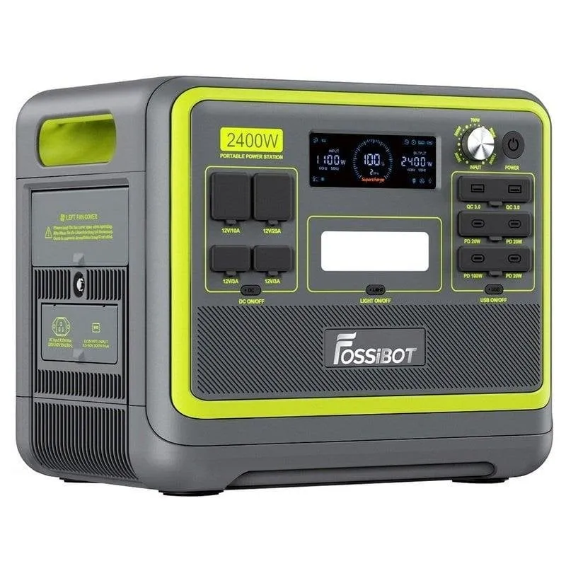 Stazione di energia Fossibot F2400 2048Wh 6 porte AC 4 porte DC 6 porte USB Batteria LiFePO4 Display LED Caricatore solare compatibile