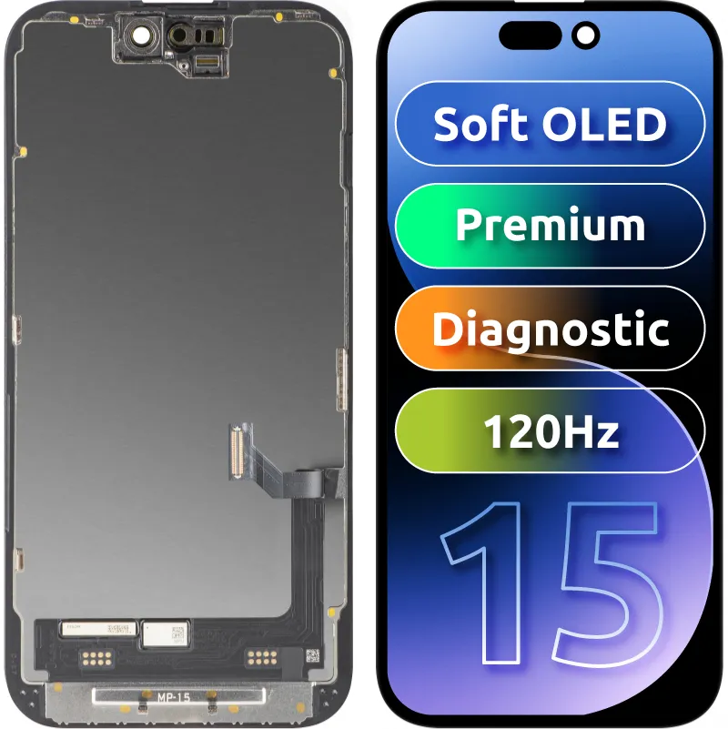 Display con Touchscreen MP compatibile con Apple iPhone 15, con Cornice, Versione Premium Soft OLED FHD Diagnostico, Nero