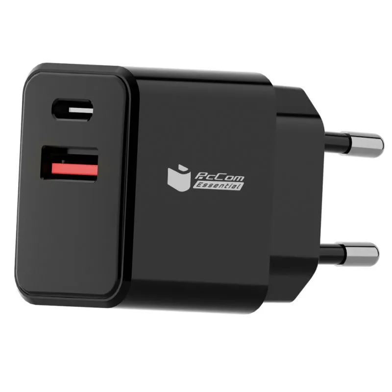 Caricatore USB-C PcCom Essential 20W + USB Quick Charge 3.0 Nero