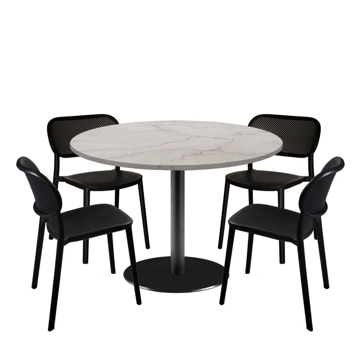 RestooTab Set tavolo Rome XL rotondo con 4 sedie - laminato pietra; 120x120x75x120 cm (LxLxHxØ); bianco lana/beige/marmorizzato; struttura nero; rotonda