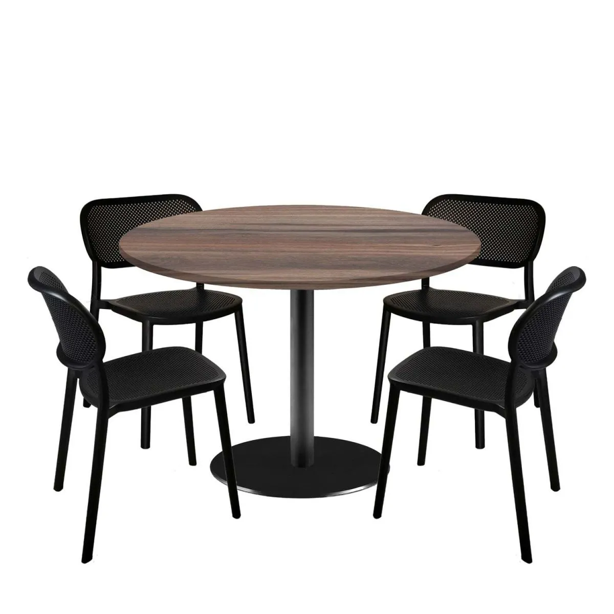 RestooTab Set tavolo Rome XL rotondo con 4 sedie - laminato legno; 120x120x75x120 cm (LxLxHxØ); quercia fumè; struttura nero; rotonda
