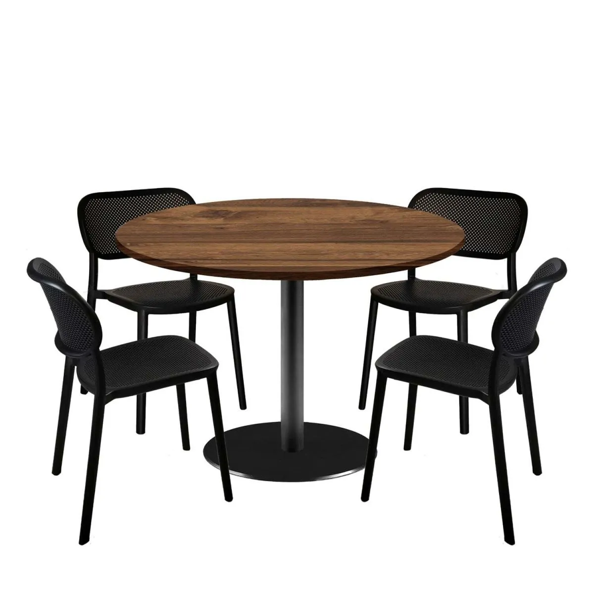 RestooTab Set tavolo Rome XL rotondo con 4 sedie - laminato legno; 120x120x75x120 cm (LxLxHxØ); quercia wenge; struttura nero; rotonda