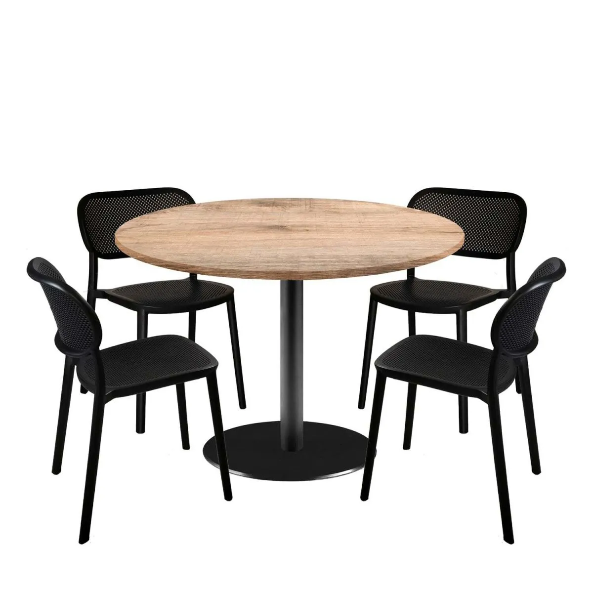 RestooTab Set tavolo Rome XL rotondo con 4 sedie - laminato legno; 120x120x75x120 cm (LxLxHxØ); quercia/marrone chiaro; struttura nero; rotonda