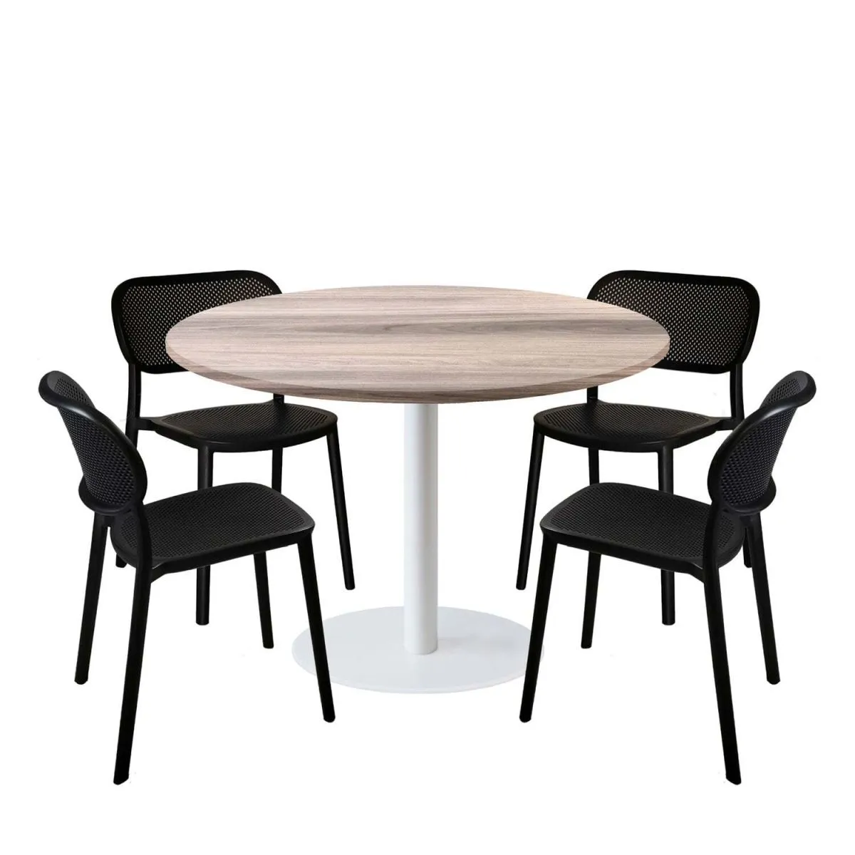RestooTab Set tavolo Rome XL rotondo base bianco con 4 sedie - laminato legno & tinta unita; 120x120x75x120 cm (LxLxHxØ); quercia/grigio chiaro; struttura nero; rotonda
