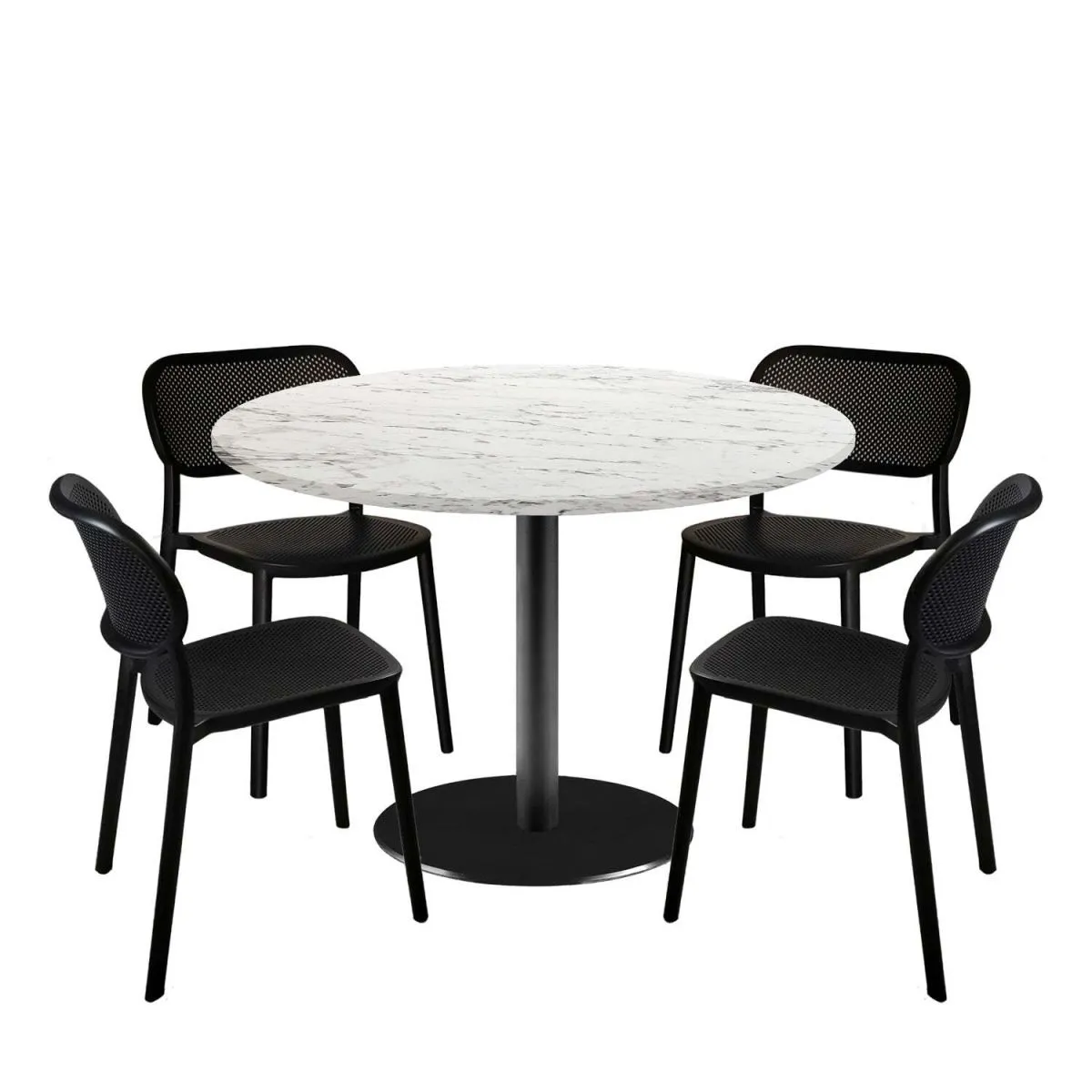 RestooTab Set tavolo Rome XL rotondo con 4 sedie - laminato pietra; 120x120x75x120 cm (LxLxHxØ); bianco/grigio pietra/marmorizzato; struttura nero; rotonda