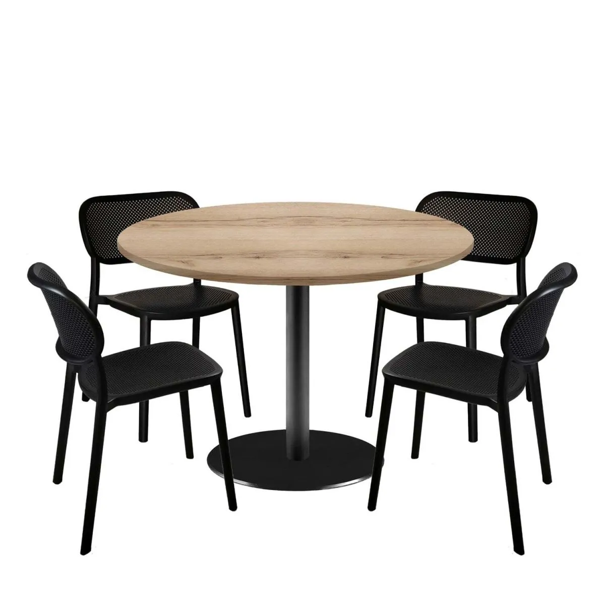 RestooTab Set tavolo Rome XL rotondo con 4 sedie - laminato legno; 120x120x75x120 cm (LxLxHxØ); quercia/naturale; struttura nero; rotonda