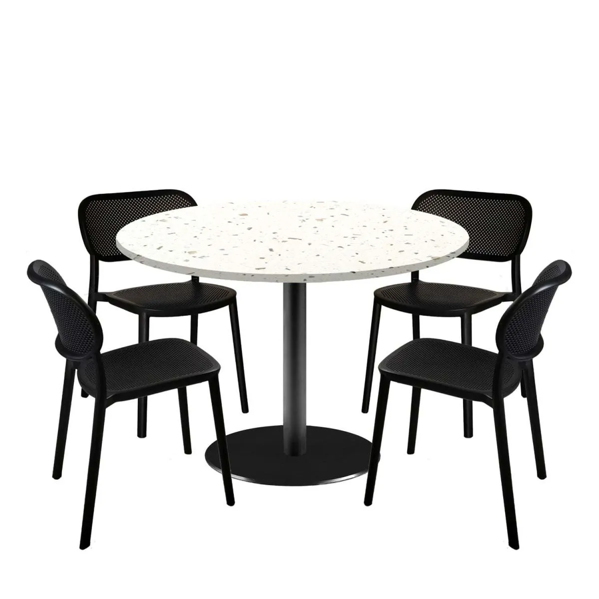 RestooTab Set tavolo Rome XL rotondo con 4 sedie - laminato pietra; 120x120x75x120 cm (LxLxHxØ); bianco/multicolore/terazzo; struttura nero; rotonda