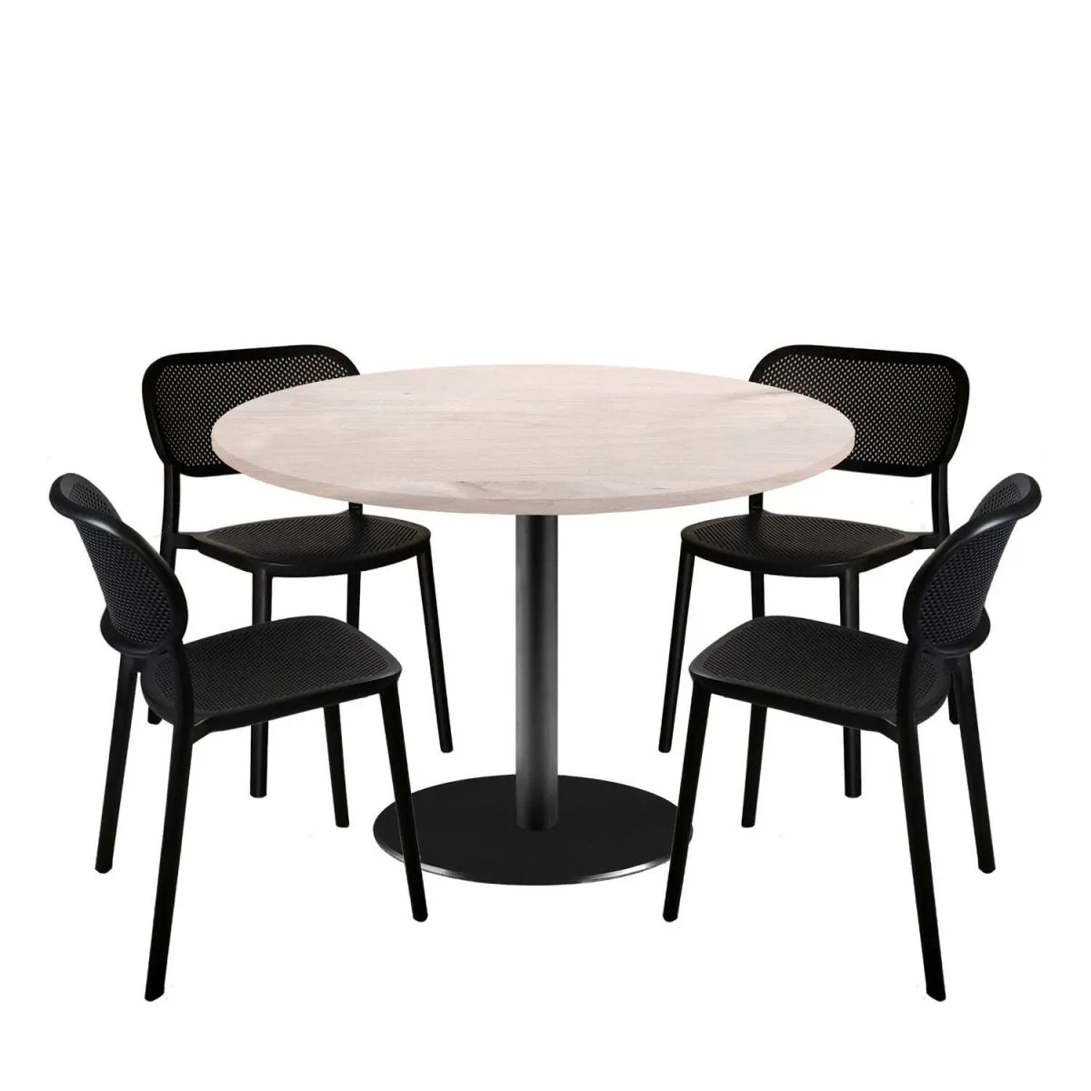 RestooTab Set tavolo Rome XL rotondo con 4 sedie - laminato legno; 120x120x75x120 cm (LxLxHxØ); betulla/grigio chiaro; struttura nero; rotonda