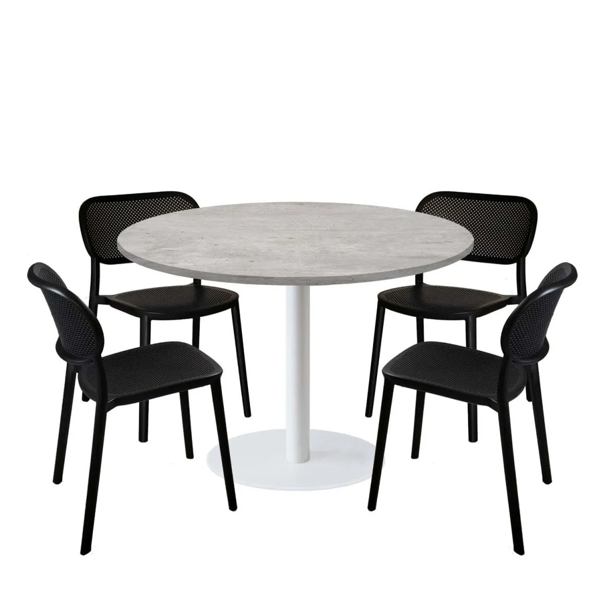 RestooTab Set tavolo Rome XL rotondo base bianco con 4 sedie - laminato pietra; 120x120x75x120 cm (LxLxHxØ); grigio/cemento; struttura nero; rotonda