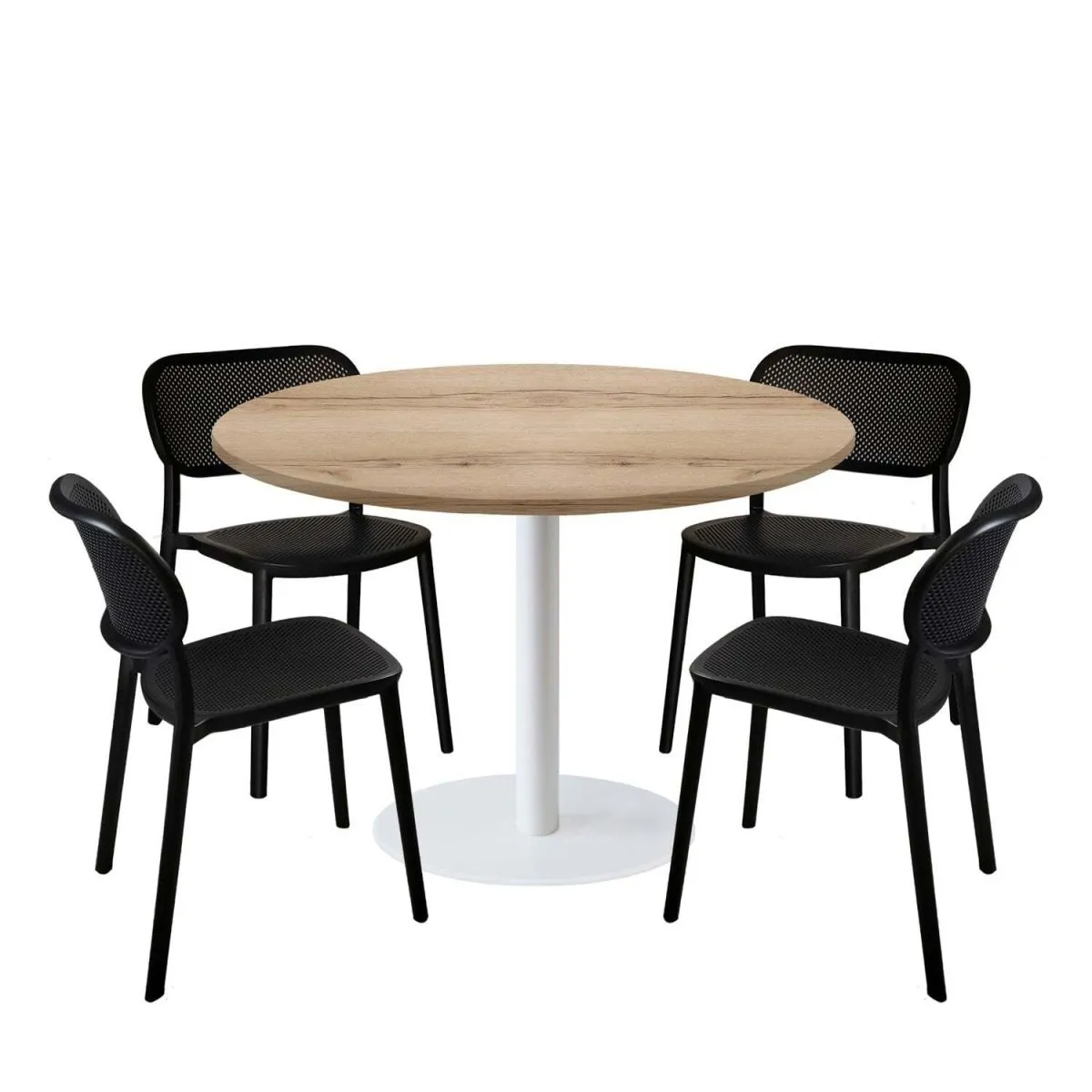 RestooTab Set tavolo Rome XL rotondo base bianco con 4 sedie - laminato legno & tinta unita; 120x120x75x120 cm (LxLxHxØ); quercia/naturale; struttura nero; rotonda
