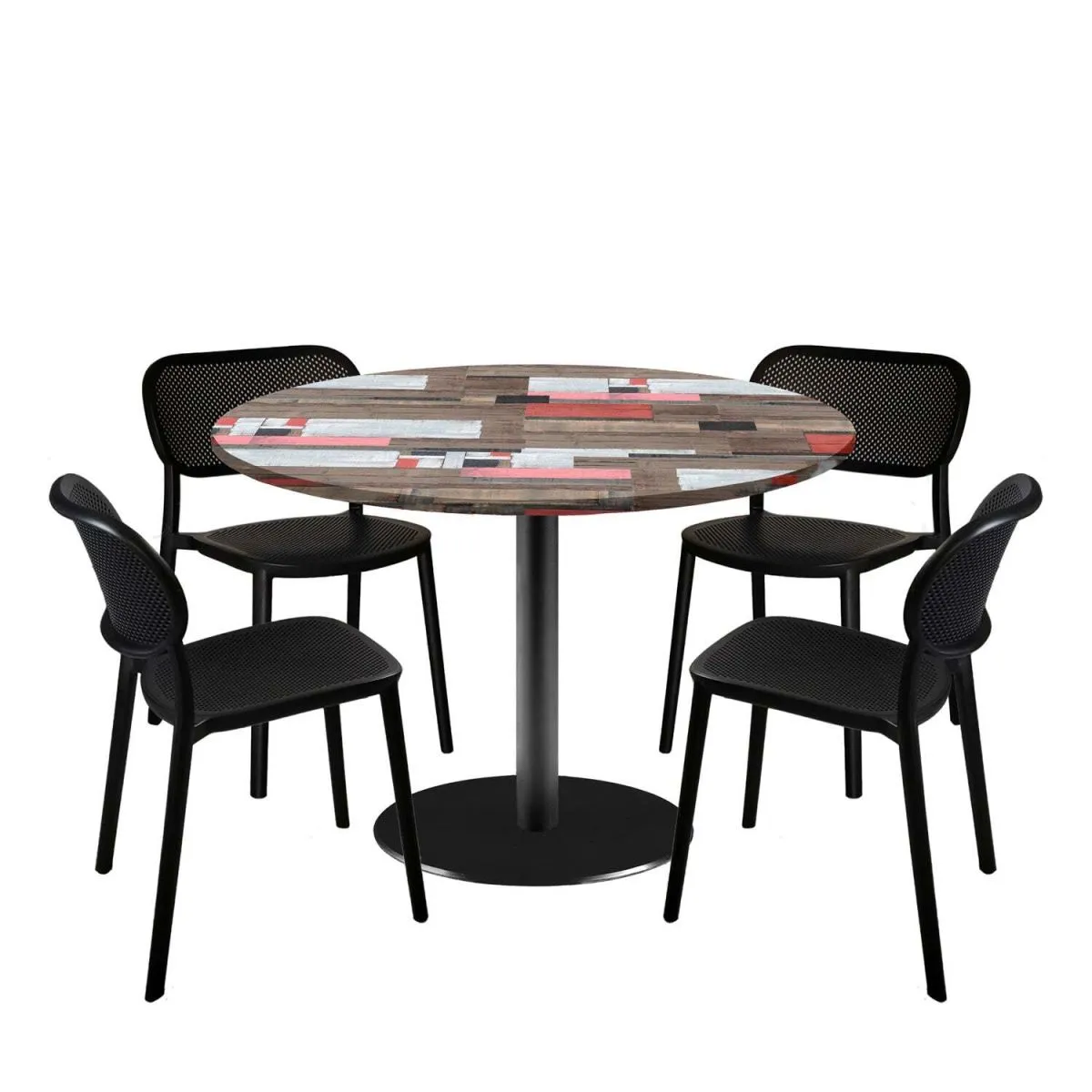 RestooTab Set tavolo Rome XL rotondo con 4 sedie - laminato legno; 120x120x75x120 cm (LxLxHxØ); multicolore; struttura nero; rotonda
