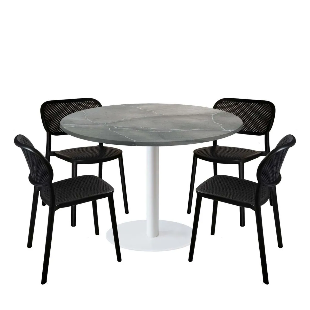 RestooTab Set tavolo Rome XL rotondo base bianco con 4 sedie - laminato pietra; 120x120x75x120 cm (LxLxHxØ); grigio/blu/marmorizzato; struttura nero; rotonda