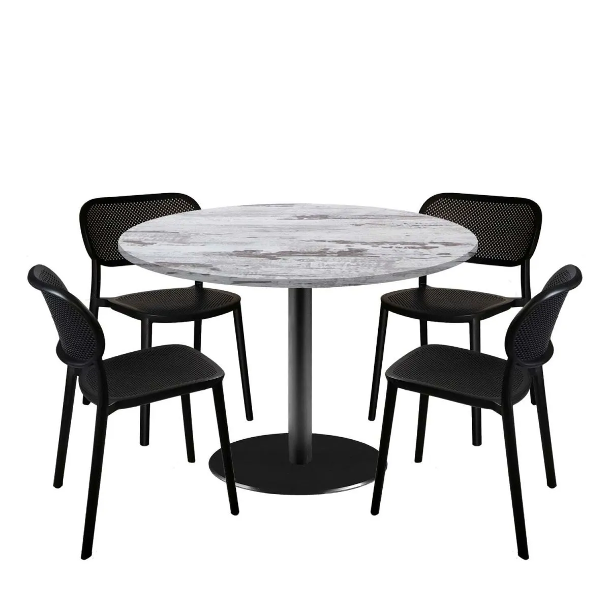RestooTab Set tavolo Rome XL rotondo con 4 sedie - laminato legno; 120x120x75x120 cm (LxLxHxØ); quercia/bianco; struttura nero; rotonda