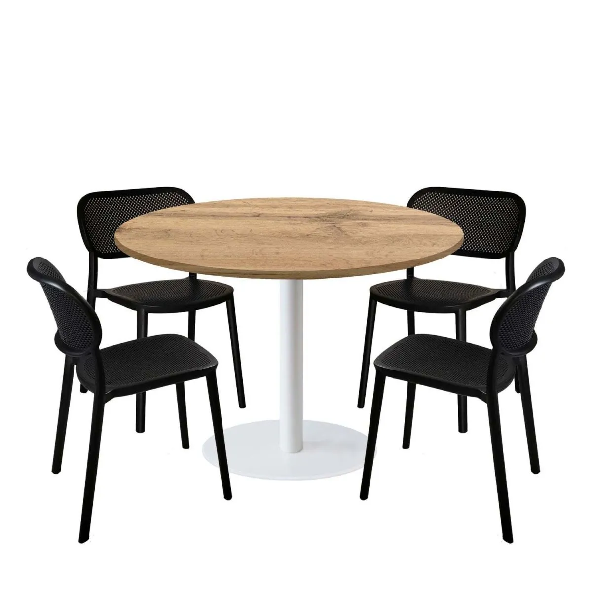 RestooTab Set tavolo Rome XL rotondo base bianco con 4 sedie - laminato legno & tinta unita; 120x120x75x120 cm (LxLxHxØ); quercia; struttura nero; rotonda