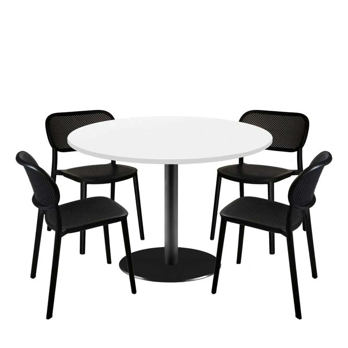 RestooTab Set tavolo Rome XL rotondo con 4 sedie - laminato tinta unita; 120x120x75x120 cm (LxLxHxØ); bianco; struttura nero; rotonda