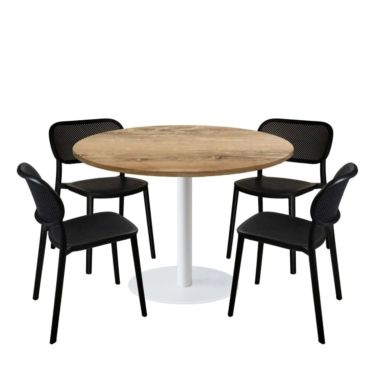 RestooTab Set tavolo Rome XL rotondo base bianco con 4 sedie - laminato legno & tinta unita; 120x120x75x120 cm (LxLxHxØ); quercia antica; struttura nero; rotonda