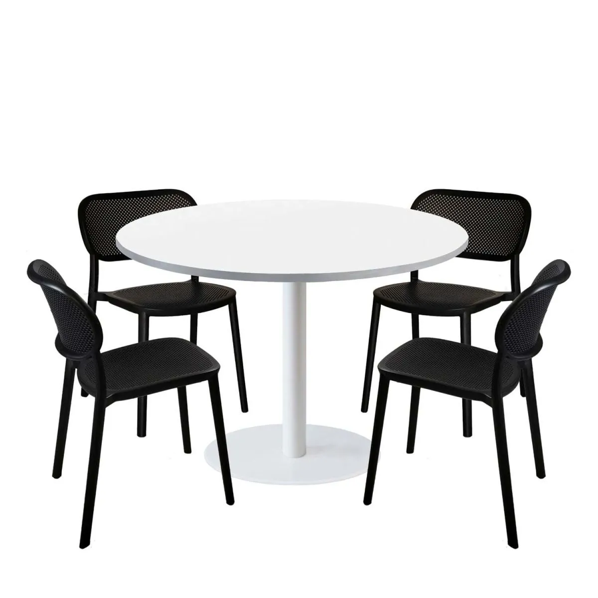RestooTab Set tavolo Rome XL rotondo base bianco con 4 sedie - laminato legno & tinta unita; 120x120x75x120 cm (LxLxHxØ); bianco/acciaio inox; struttura nero; rotonda