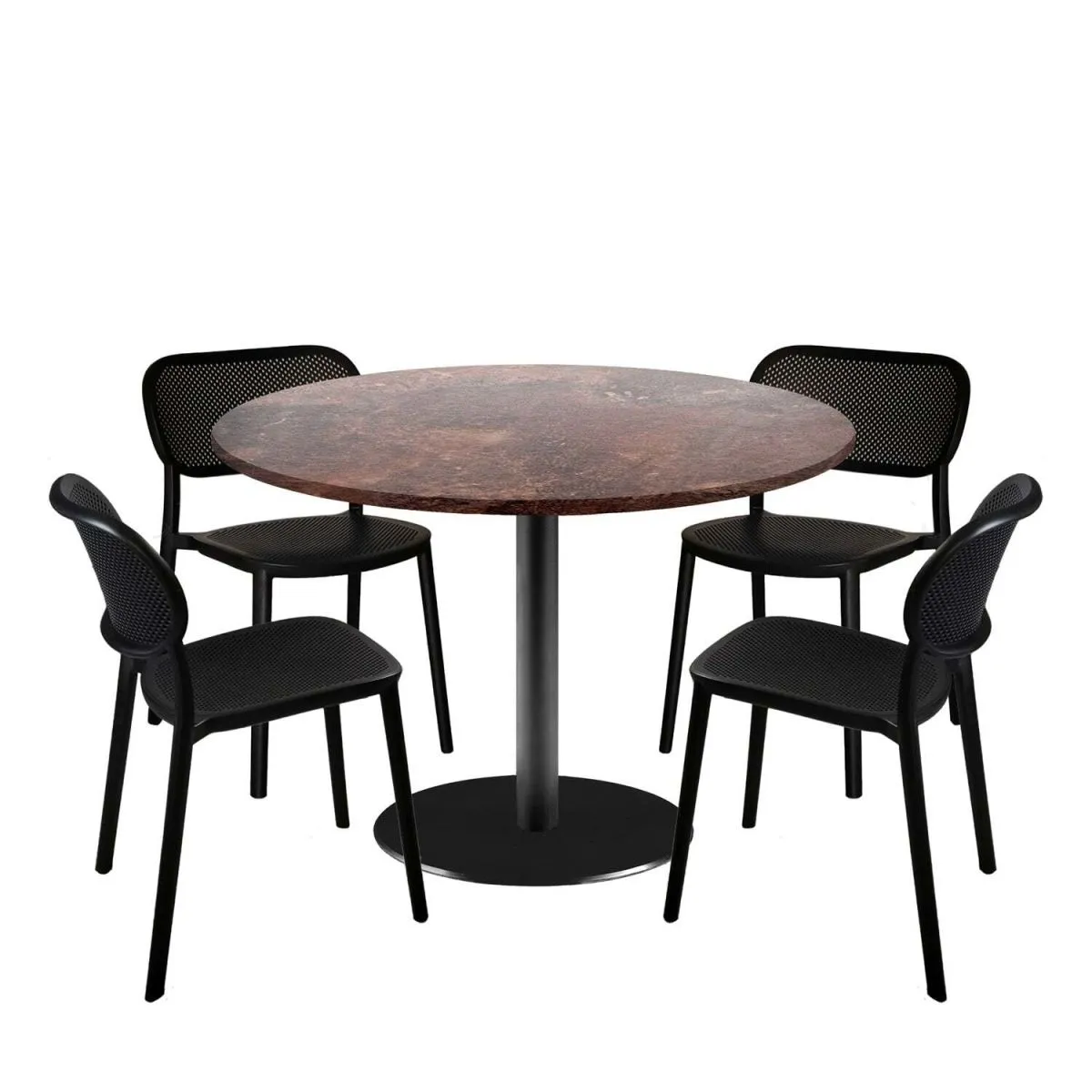RestooTab Set tavolo Rome XL rotondo con 4 sedie - laminato pietra; 120x120x75x120 cm (LxLxHxØ); metallo arrugginito/marrone; struttura nero; rotonda