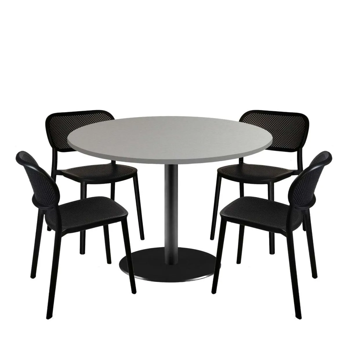 RestooTab Set tavolo Rome XL rotondo con 4 sedie - laminato pietra; 120x120x75x120 cm (LxLxHxØ); grigio/acciaio inox; struttura nero; rotonda