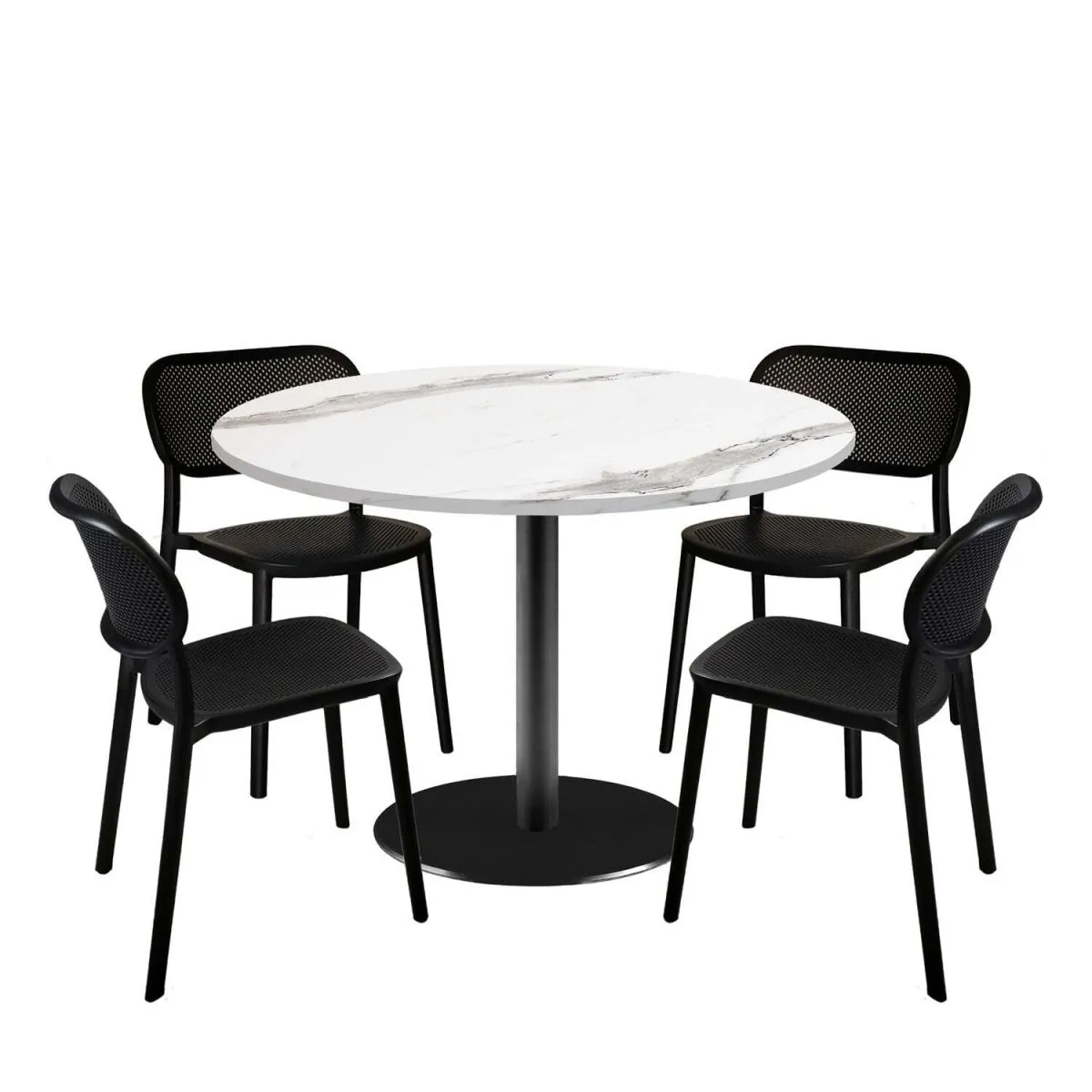 RestooTab Set tavolo Rome XL rotondo con 4 sedie - laminato pietra; 120x120x75x120 cm (LxLxHxØ); bianco/grigio/marmorizzato; struttura nero; rotonda