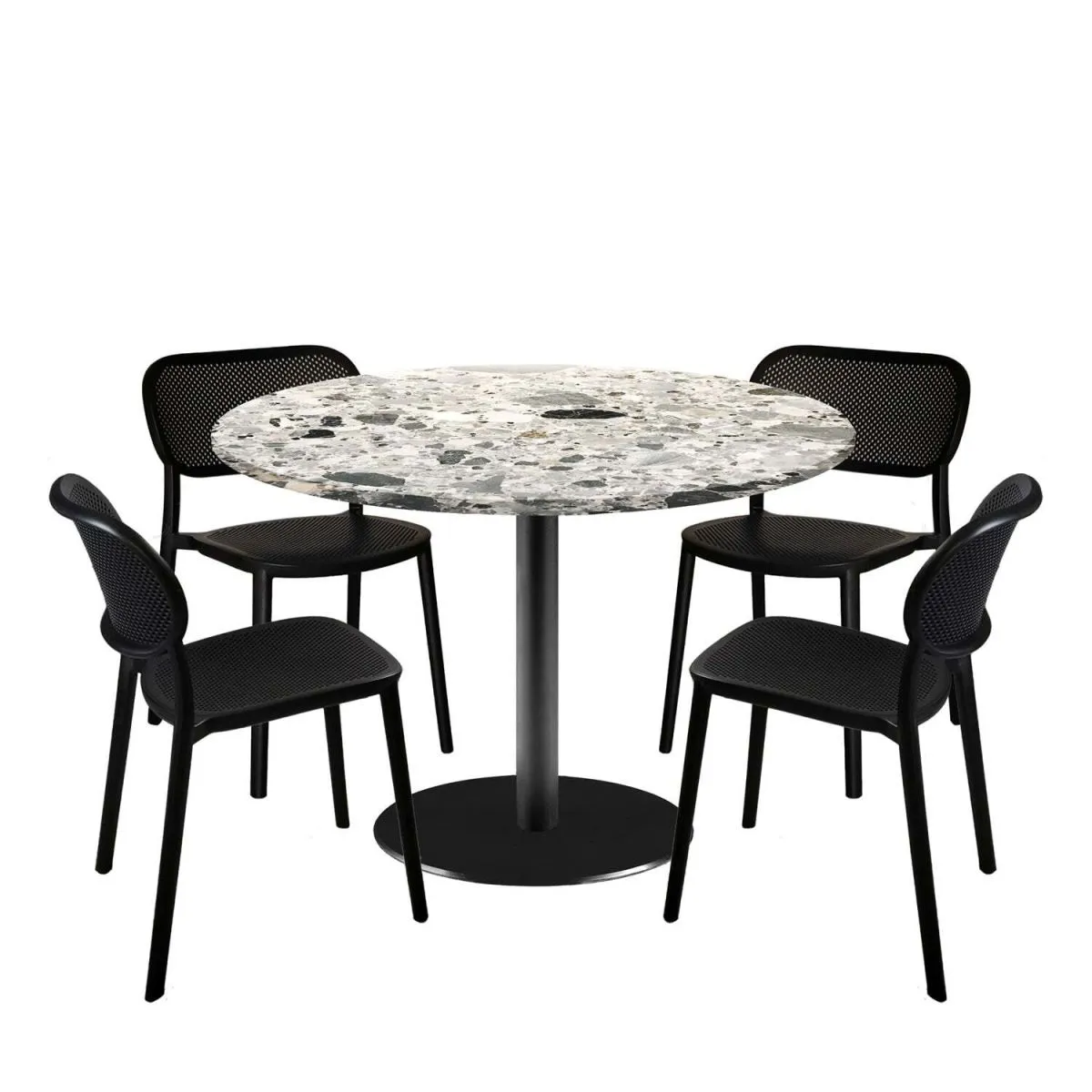 RestooTab Set tavolo Rome XL rotondo con 4 sedie - laminato pietra; 120x120x75x120 cm (LxLxHxØ); grigio/terazzo; struttura nero; rotonda
