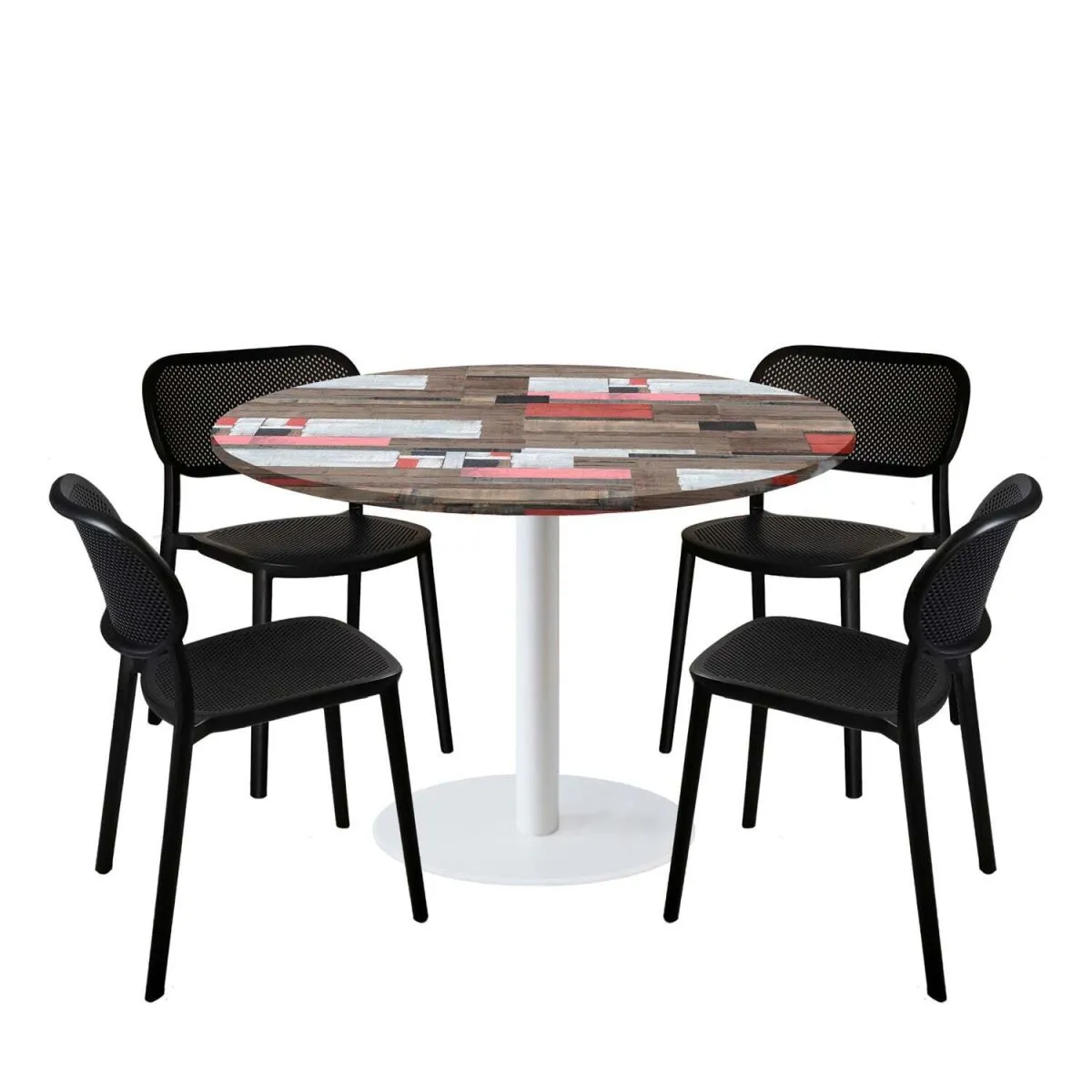 RestooTab Set tavolo Rome XL rotondo base bianco con 4 sedie - laminato legno & tinta unita; 120x120x75x120 cm (LxLxHxØ); multicolore; struttura nero; rotonda