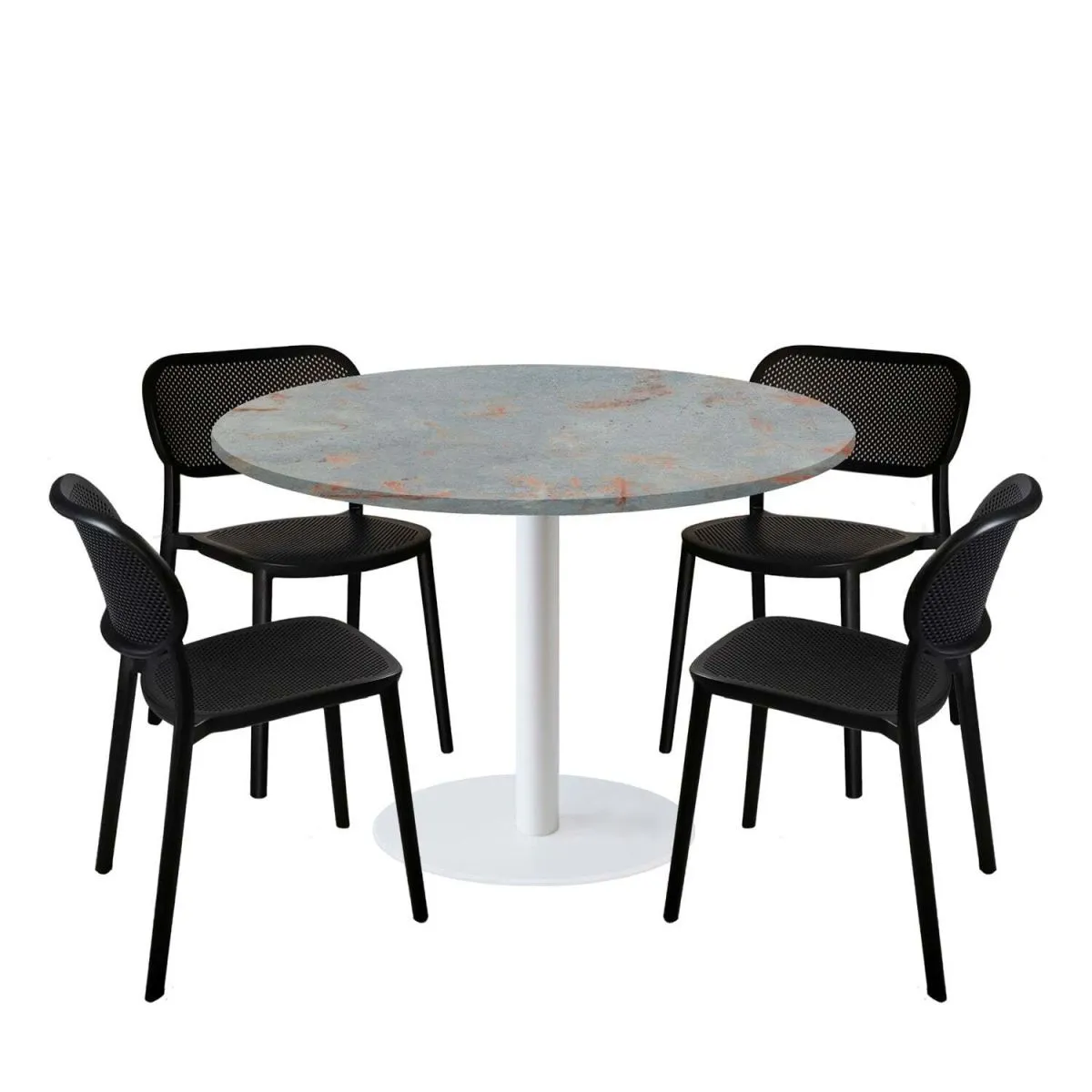 RestooTab Set tavolo Rome XL rotondo base bianco con 4 sedie - laminato pietra; 120x120x75x120 cm (LxLxHxØ); metallo arrugginito/grigio; struttura nero; rotonda