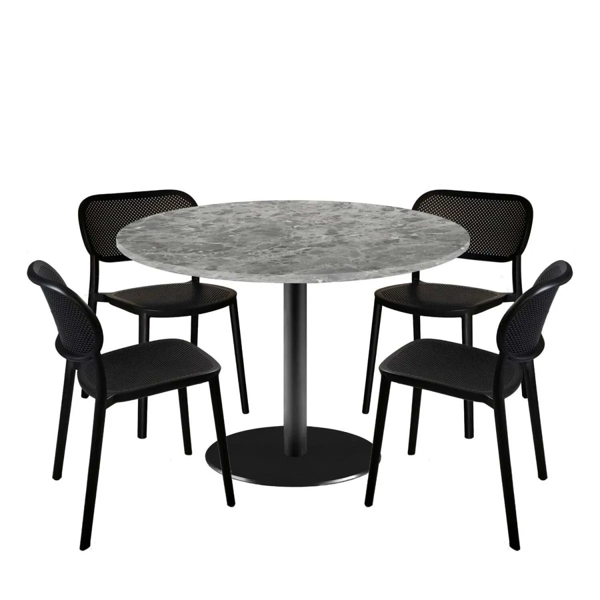 RestooTab Set tavolo Rome XL rotondo con 4 sedie - laminato pietra; 120x120x75x120 cm (LxLxHxØ); grigio pietra/marmorizzato; struttura nero; rotonda