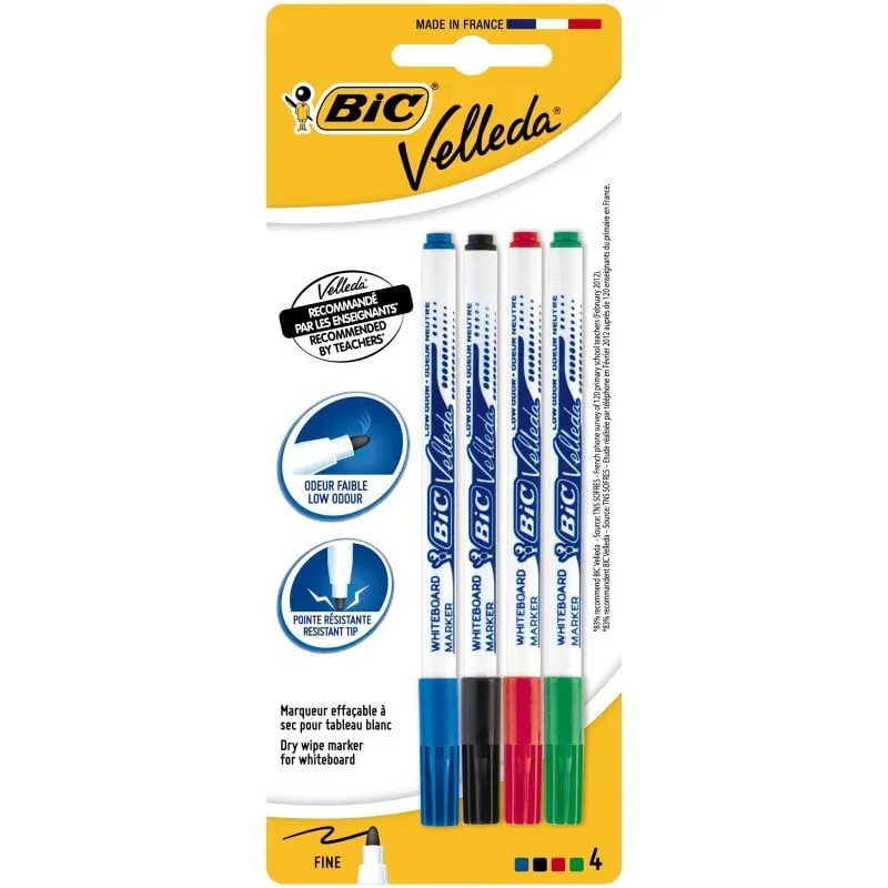 Custodia per pennarelli per lavagna BIC Velleda, nero, blu, rosso e verde, punta fine, blister da 4