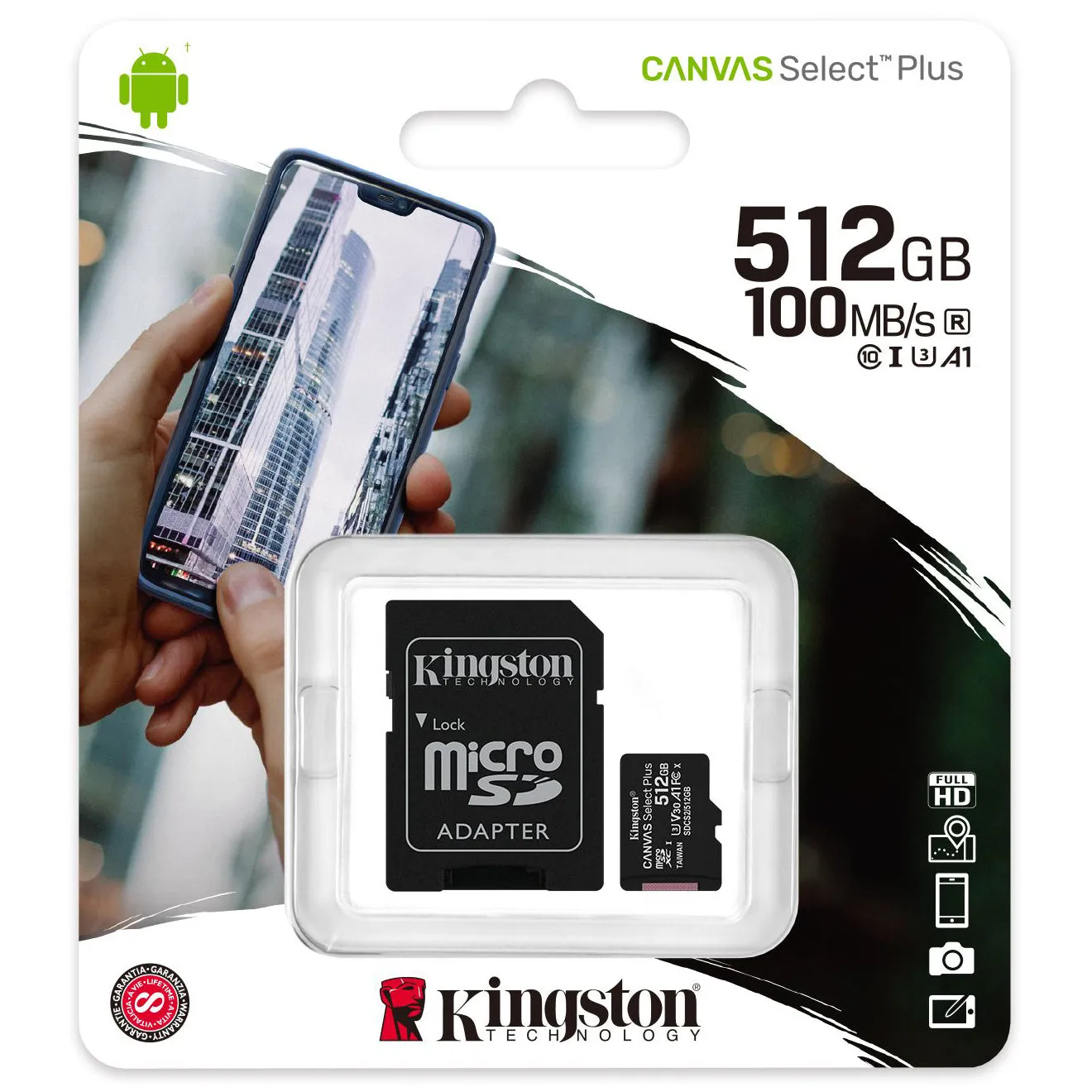 Scheda di memoria microSDXC Kingston Canvas Select Plus Android A1, 512Gb, Classe 10 / UHS-1 U3, con adattatore SDCS2/512GB