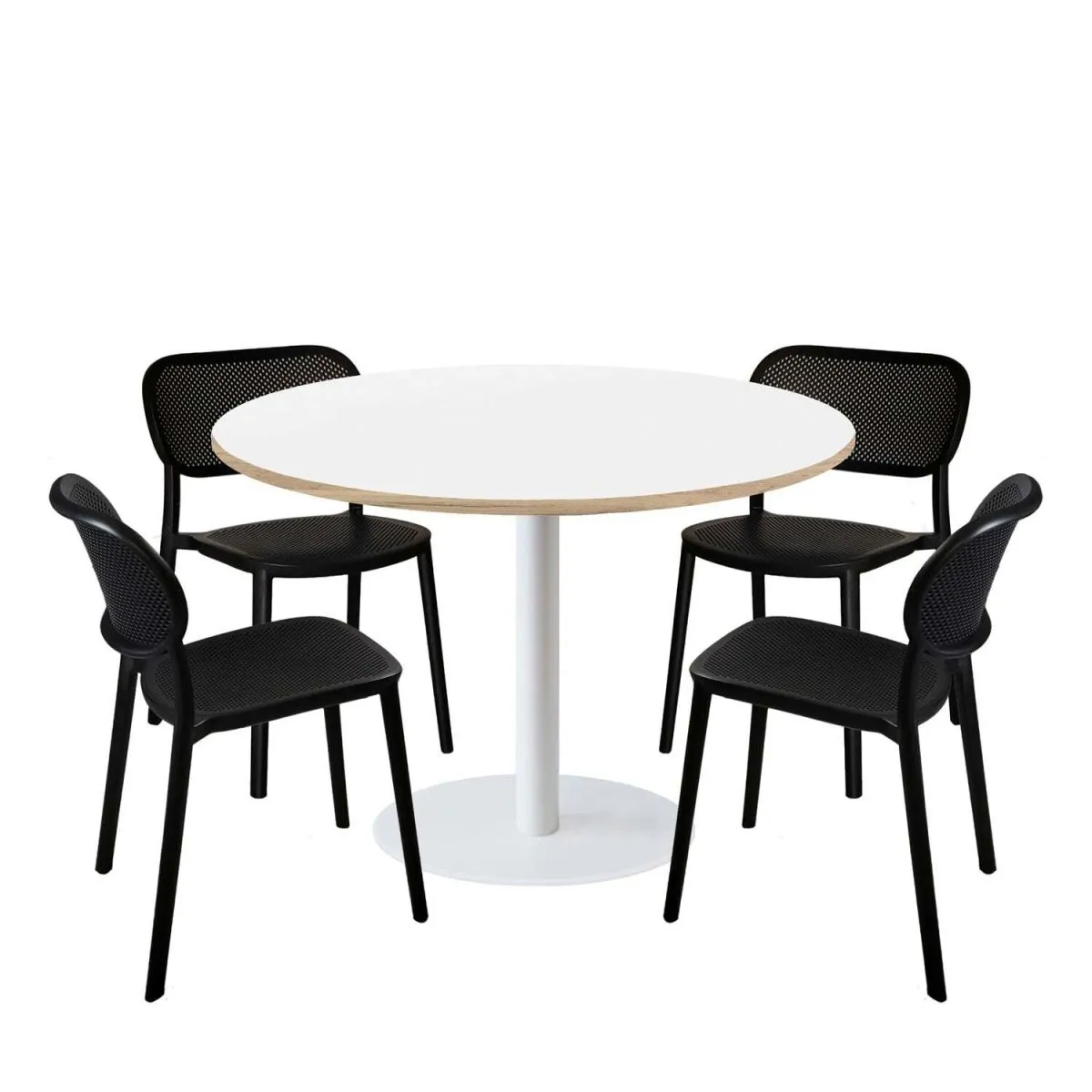 RestooTab Set tavolo Rome XL rotondo base bianco con 4 sedie - laminato legno & tinta unita; 120x120x75x120 cm (LxLxHxØ); bianco; struttura nero; rotonda