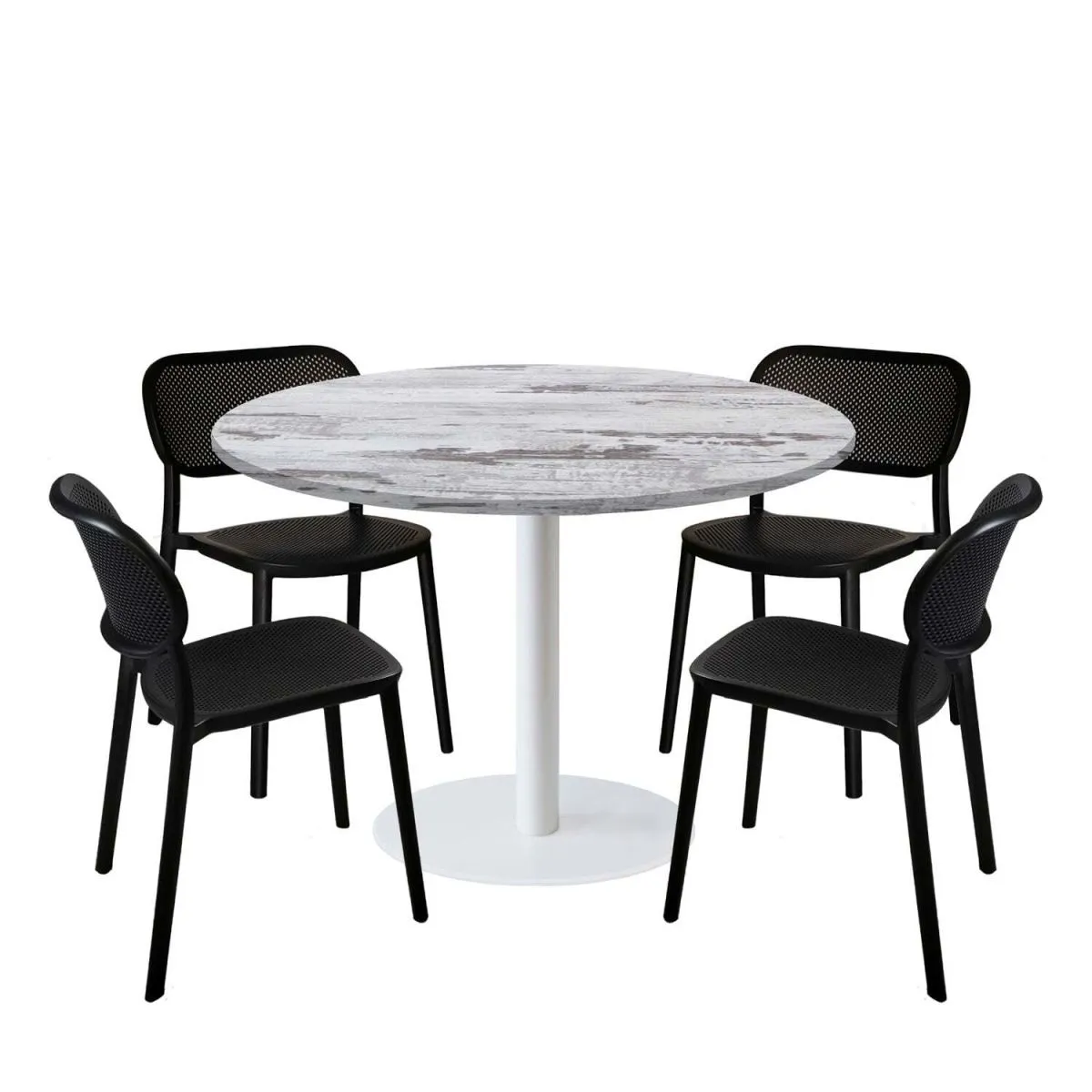 RestooTab Set tavolo Rome XL rotondo base bianco con 4 sedie - laminato legno & tinta unita; 120x120x75x120 cm (LxLxHxØ); quercia/bianco; struttura nero; rotonda