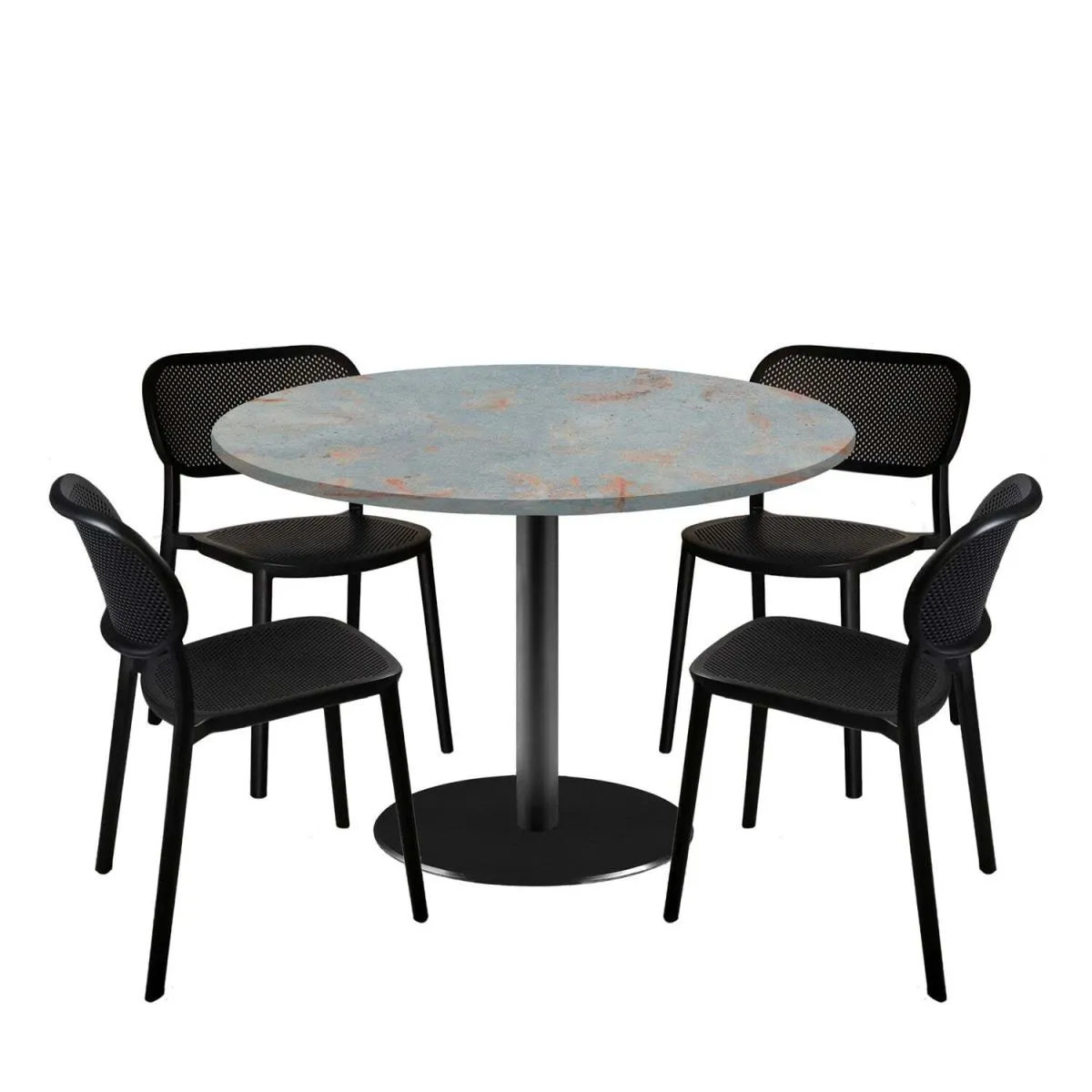 RestooTab Set tavolo Rome XL rotondo con 4 sedie - laminato pietra; 120x120x75x120 cm (LxLxHxØ); metallo arrugginito/grigio; struttura nero; rotonda