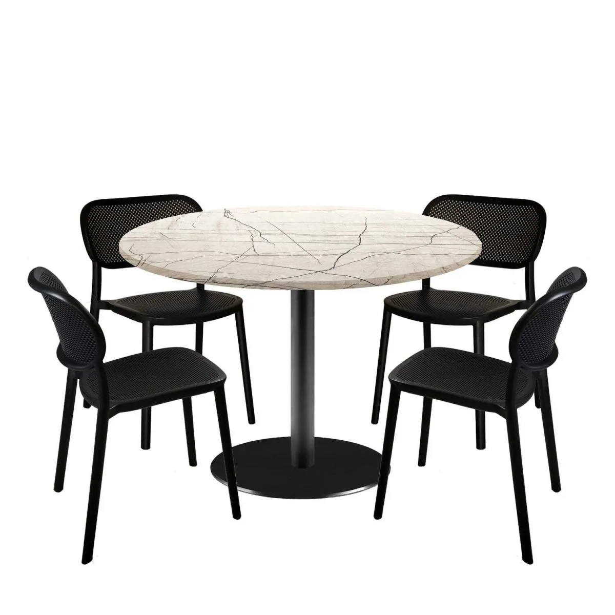 RestooTab Set tavolo Rome XL rotondo con 4 sedie - laminato pietra; 120x120x75x120 cm (LxLxHxØ); bianco lana/grigio/marmorizzato; struttura nero; rotonda